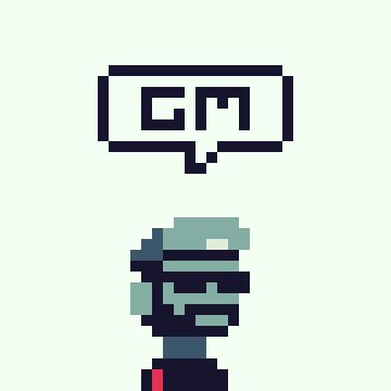 Pixel art of a white speech bubble containing the letters 'GM' floating above a green-helmeted character wearing a dark suit with red accents.