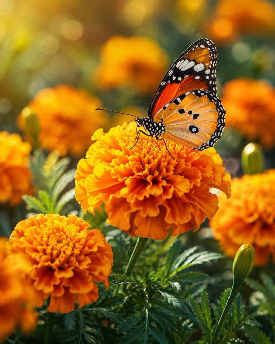 A close-up of a monarch butterfly with orange, black, and white wings resting on a vibrant orange marigold flower surrounded by more marigolds.