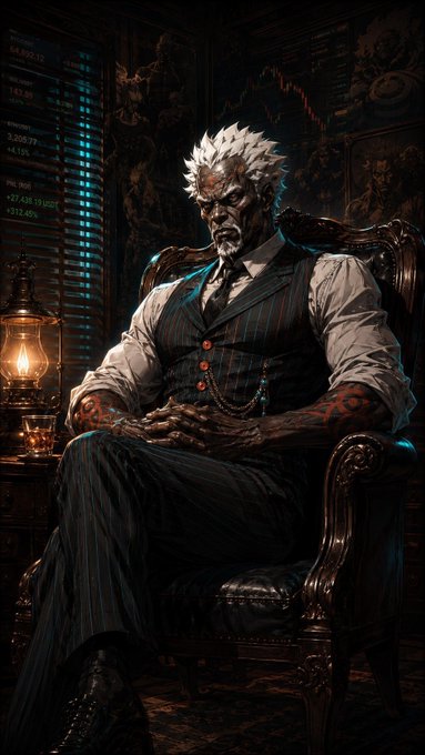 Dark fantasy-style digital artwork depicting a white-haired, stern-faced man in a pinstripe vest and white shirt seated on an ornate chair, with glowing red markings on his hands and cryptocurrency-style numbers faintly visible on the wall behind him.