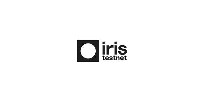 The image shows a minimalist black-and-white logo featuring a white circle inside a black square, accompanied by the text "iris testnet" in bold lowercase lettering. This logo represents the Iris Network's testnet, which is now live with test assets distributed to selected applicants who can access the platform through the app at app.iris.credit.