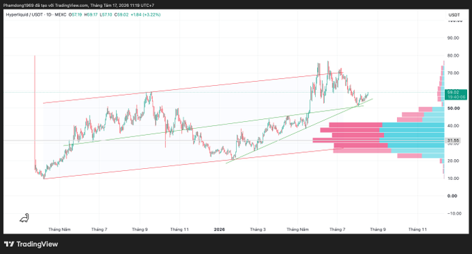The image shows a TradingView daily candlestick chart of HYPE/USD on MEXC, displaying a price of $57.16 (+3.32%) with a key resistance level at $58.02, framed by an ascending channel and volume profile. This technical view of Hyperliquid (HYPE) aligns with the post highlighting Multicoin Capital's $100M+ investment, underscoring the token's significant market attention.