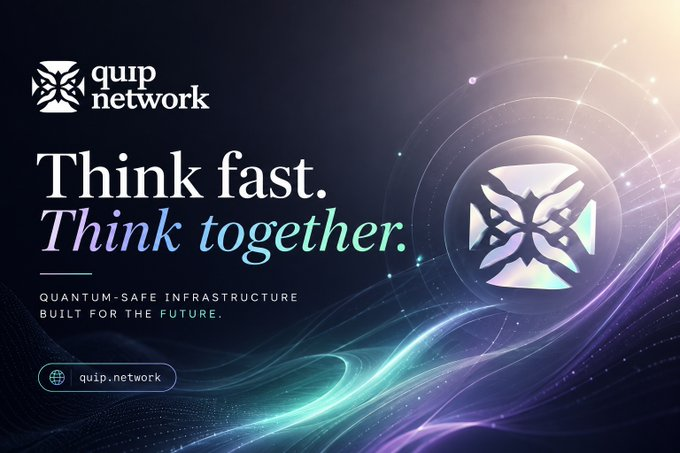 The image features a poster with a purple background that says "Think fast. Think together. Quantum-safe infrastructure built for the future." The poster also includes a logo, which is a white circle with a blue border. The text on the poster emphasizes the importance of collaboration and cooperation in achieving success, as opposed to hierarchical structures or centralized decision making.
