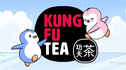 A logo or illustration for 'KUNG FU TEA 功夫茶' featuring two cartoon penguins against a blue sky with clouds.