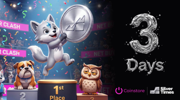 A promotional graphic for a "3 Days" countdown features cartoon animal characters—a wolf, puppy, and owl—on a podium, with the Coinstore and Silver Times logos displayed.