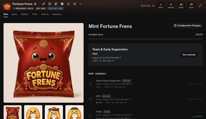 A webpage for 'Fortune Frens' showing a red snack bag NFT with a cute face, set against a minting schedule page on 'N Robinhood Chain' with countdown timers (1 day, 8 hours, 20 mins, 26 secs).