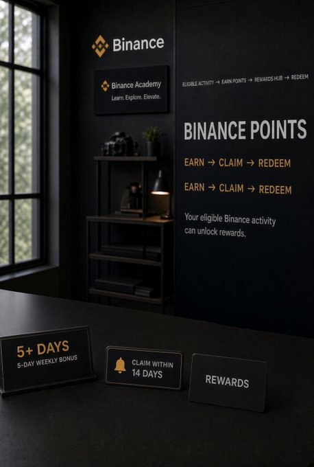 A Binance promotional image for 'Binance Points' featuring a dark room with a 'Binance Academy' sign, displaying the text 'EARN → CLAIM → REDEEM' and cards mentioning '5+ DAYS 5-DAY WEEKLY BONUS' and 'CLAIM WITHIN 14 DAYS'.