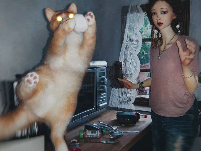 A surreal scene shows a young woman in a pink shirt standing in a kitchen, looking startled as an orange and white cat appears to float in mid-air with glowing eyes.