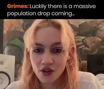A video screenshot shows a blonde woman speaking, with the subtitle text reading "Grimes: Luckily there is a massive population drop coming..."