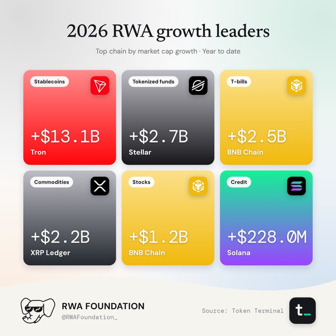 An infographic from the RWA Foundation titled '2026 RWA growth leaders' showing the top blockchain chains by market cap growth year-to-date: Stablecoins on Tron (+$13.1B), Tokenized funds on Stellar (+$2.7B), T-bills on BNB Chain (+$2.5B), Commodities on XRP Ledger (+$2.2B), Stocks on BNB Chain (+$1.2B), and Credit on Solana (+$228.0M), sourced from Token Terminal.