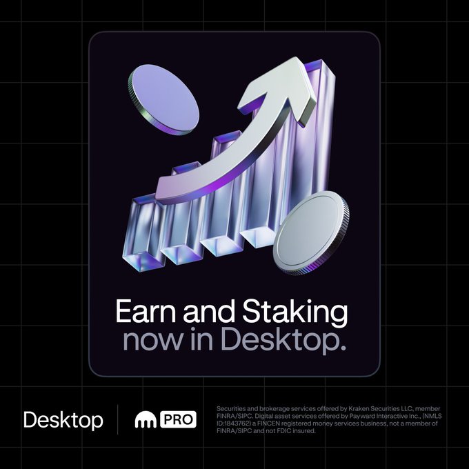 A sleek, dark-themed promotional graphic for Kraken's Desktop platform featuring 3D-rendered metallic coins, ascending bar graphs, and an upward arrow, with the text "Earn and Staking now in Desktop" alongside the Desktop and Pro logos. The image visually reinforces the announcement that staking is now available directly on Kraken's Desktop, matching the call-to-action message at kraken.com/desktop.