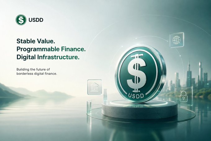 The image is a promotional graphic for USDD, featuring a large 3D-rendered silver coin emblazoned with a dollar sign and the text "USDD," displayed on a circular pedestal alongside floating icons representing a bank, globe, and security lock, all set against a futuristic cityscape. The accompanying text reads "Stable Value. Programmable Finance. Digital Infrastructure." with the tagline "Building the future of borderless digital finance," visually reinforcing the post's message about USDD bridging dollar-denominated value with blockchain-based, borderless financial applications.