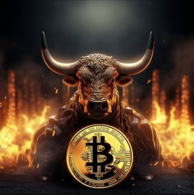 A dramatic, heavily stylized image of a muscular bull surrounded by flames, with a large, detailed Bitcoin coin positioned on its chest against a dark background.