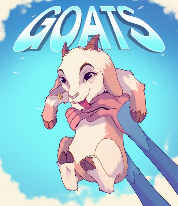 The image features a cartoon goat with horns, sitting on someone's arm. The background shows a blue sky filled with clouds, creating a whimsical atmosphere for the scene. The caption of the image reads "Goats" along with an explanation about the connection between the image and a post by @solana art.