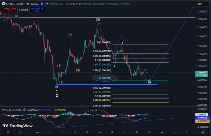 A TradingView 4-hour chart of $SNEK/USDT on MEXC displays Elliott Wave analysis with labels (1)-(5), showing price consolidating near the 1.0 Fibonacci level at 0.0002779, suggesting a potential A=C corrective target and bottoming opportunity around the 0.00028 support zone.