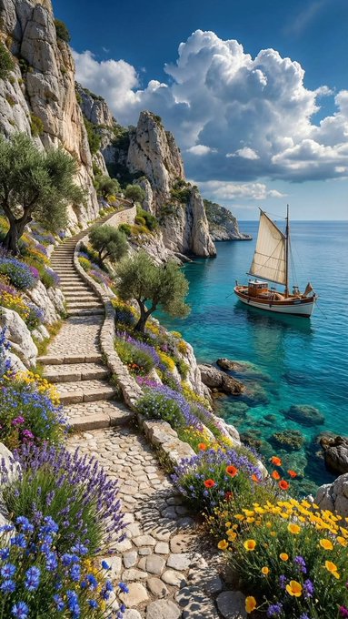A scenic Mediterranean-style landscape featuring a stone path with steps winding along a cliffside lined with lavender, olive trees, and wildflowers, overlooking turquoise waters where a wooden sailboat is moored beneath a partly cloudy sky.