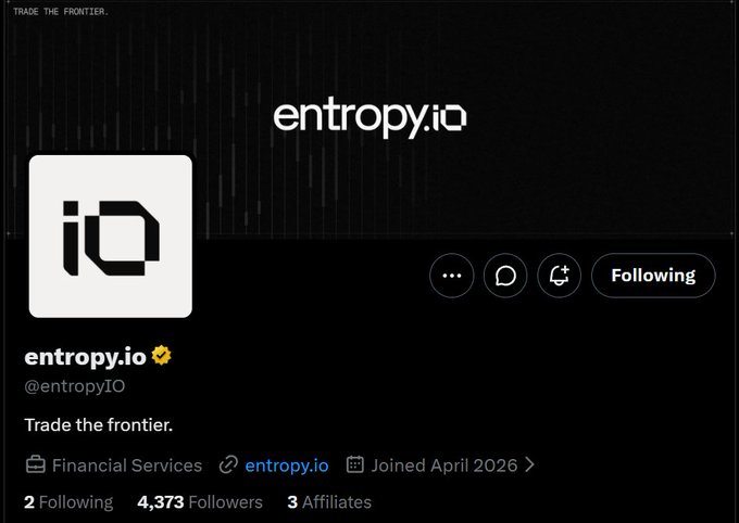 A screenshot of the @entropyIO Twitter/X profile showing the bio "Trade the frontier." with the tagline "TRADE THE FRONTIER." at the top, 4,373 followers, and a "Joined April 2026" date—aligning with the post highlighting entropy.io's early-stage status as a HIP-3 perp DEX deployer on Hyperliquid.