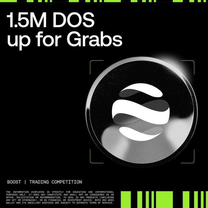 Promotional graphic for the DAPPOS Trading Competition featuring a glossy black DOS token coin on a dark background, highlighting the "1.5M DOS up for Grabs" prize pool available on OKX Web3.