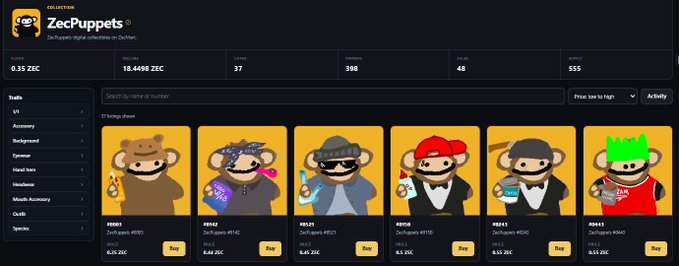 A ZecPuppets NFT marketplace interface showing digital monkey puppet collectibles with stats like price (0.35 ZEC), holders (37), and listed items including #0865, #0163, #0139, #0908, #0841, and #0445.
