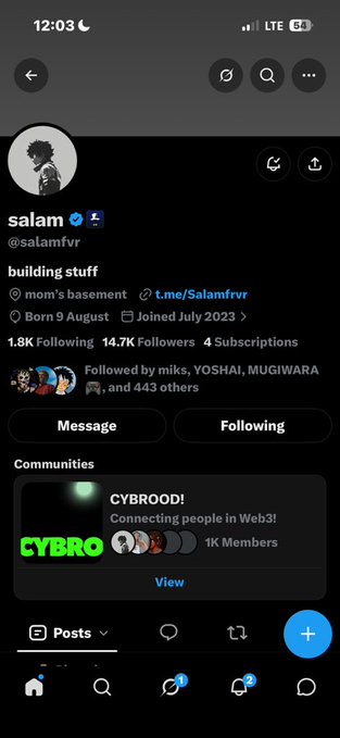 A screenshot of a Twitter/X mobile profile page for 'salam' (@salamfr), a Web3 builder associated with mom and currently following 1.8K accounts with 14.7K followers.