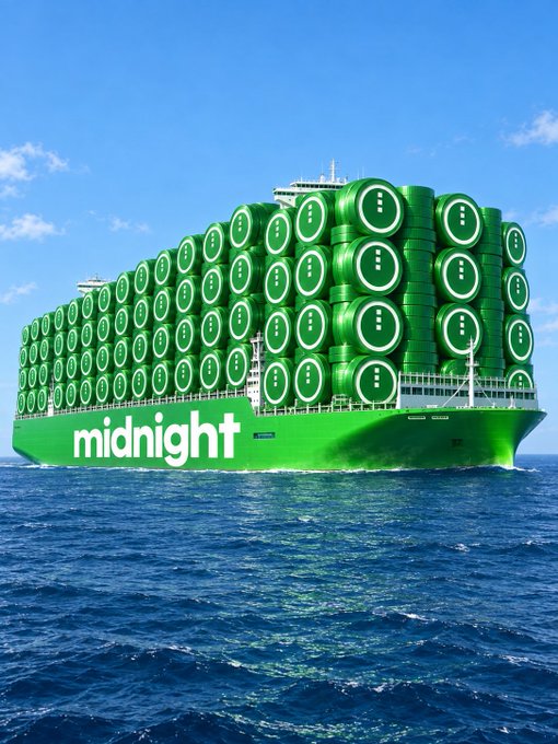 A massive green cargo ship labeled "midnight" is loaded with oversized barrels stacked high across its deck, sailing across the open ocean—a humorous visual metaphor suggesting the $NIGHT token's massive success requires a vessel as enormous as the company itself.
