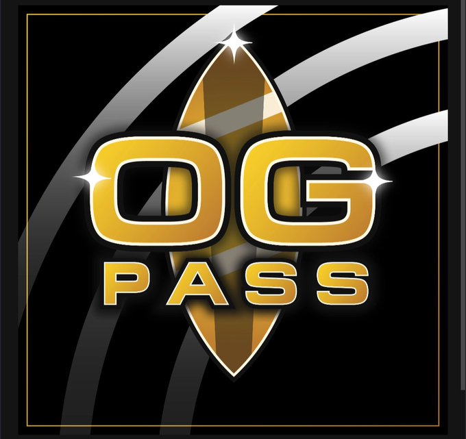 A stylized digital emblem featuring a golden surfboard flanked by curved silver swooshes against a black background, with bold gold lettering reading "OG PASS." The graphic visually represents the @SpaceRidersXYZ OG Pass community referenced in the post as an "underrated alpha group."