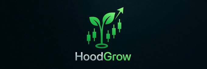 A dark-themed logo for "HoodGrow" featuring a green plant sprout growing from a pot, intertwined with candlestick chart bars and an upward-pointing arrow, visually symbolizing financial growth on the Robinhood platform as referenced in the accompanying $GROW promotional post.