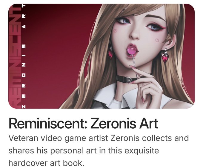 A promotional graphic for the art book "Reminiscent: Zeronis Art," featuring stylized anime artwork of a brown-haired woman blowing a pink bubblegum bubble, with the title displayed vertically on the left side. The post appears to highlight a KGF (Killergf) NFT-related discount or airdrop tied to veteran artist Zeronis's published hardcover collection of personal artwork.