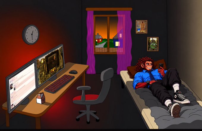 A cartoon illustration of a red-haired person in a blue shirt and tie lying on a bed, looking at their phone next to a desk with a dual-monitor computer setup, with a window showing a sunset view.