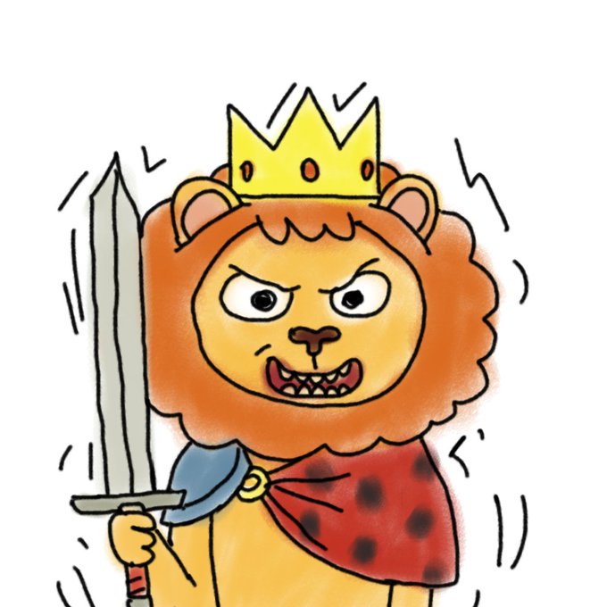 A fierce cartoon lion wearing a yellow crown and a red polka-dotted cape wields a sword, with motion lines suggesting aggressive movement or a battle stance.