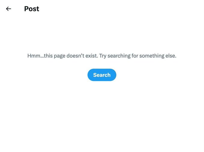 A 404 "Page doesn't exist" error screen with a "Search" button, suggesting the post about 15 newly created wallets dumping 224.5 million GOLD tokens for 3,178 SOL has been removed or deleted from the platform.