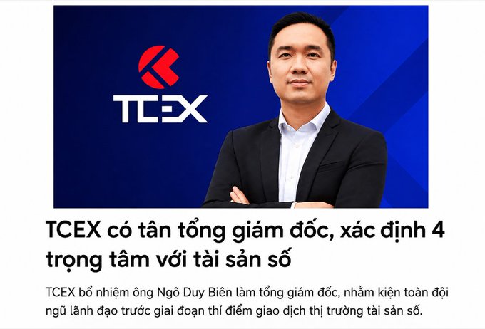A news article about TCEX appointing Mr. Ngo Duy Bien as general director, with Vietnamese headline 'TCEX có tân tổng giám đốc, xác định 4 trọng tâm với tài sản số'.