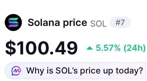 Solana (SOL) cryptocurrency price displayed at $100.49, up 5.57% in 24 hours, ranked #7, with a prompt asking 'Why is SOL's price up today?'