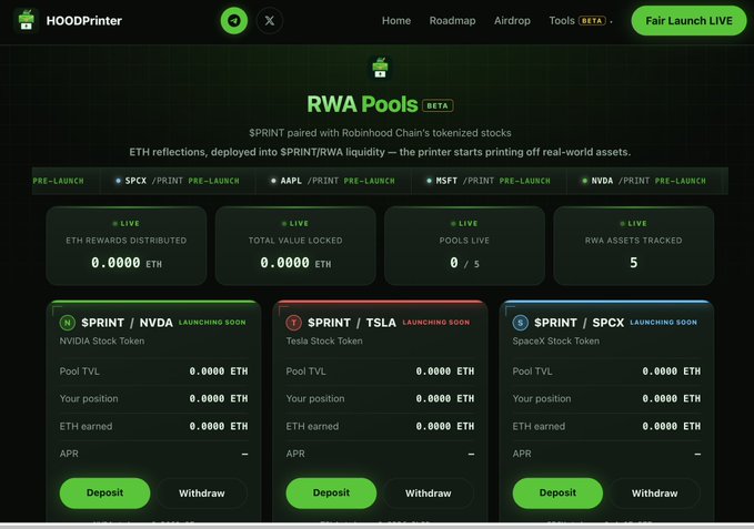 The image shows the HOODPrinter dashboard featuring "RWA Pools" for SPRINT-paired tokenized stocks ($NVDA, $TSLA, $SPCX, $AAPL, $MSFT), currently displaying 0.0000 ETH across all metrics and five live pools—aligning with the post's announcement of building technology for real-world assets on Robinhood.