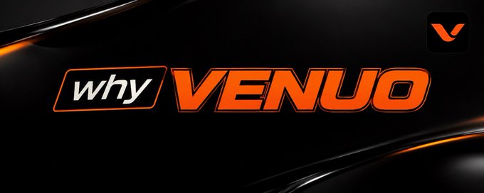 A digital banner with a black background features the stylized text 'why VENUO' in orange and white, accompanied by a small 'V' logo.