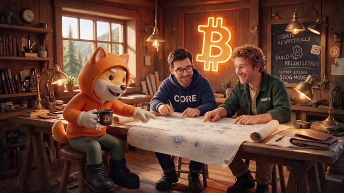 A whimsical illustration of a cartoon orange fox mascot and two smiling developers sitting at a wooden table covered in blueprints, with a Bitcoin 'B' symbol glowing in the background and a chalkboard reading 'DEBATE RESPECTFULLY, BUILD RELENTLESSLY'.