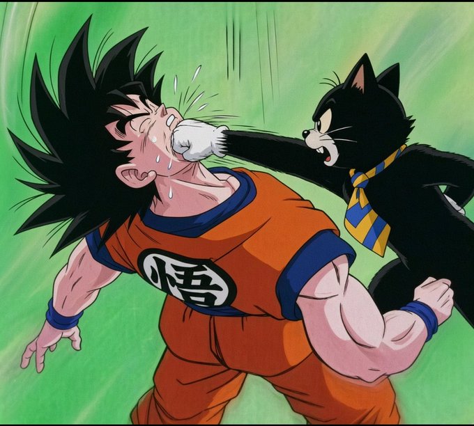 An anime scene shows Goku from Dragon Ball getting punched in the face by a black cat wearing a yellow and blue striped tie.