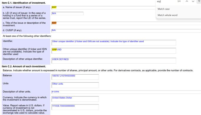 A financial form screen showing Item C.1 identification of investment for XRP with a balance of approximately 106.787 billion units valued at approximately $111,058,700 in United States Dollars.