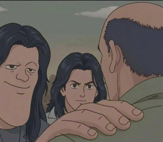 The image shows a cartoon scene with two people, one of whom has long hair. The man's face appears to be in pain or discomfort as he looks at his friend who is sitting next to him. The woman seems concerned about her friend's well-being and is trying to comfort him by placing her hand on his shoulder.