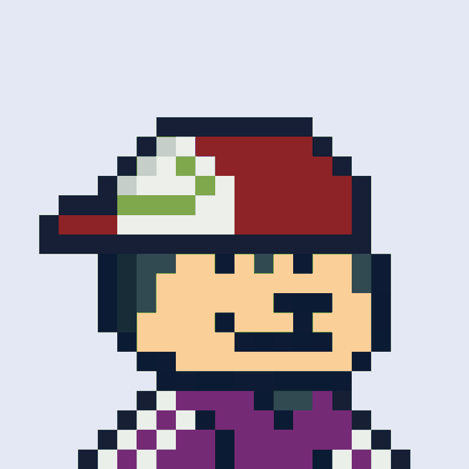 A pixel art character wearing a red and white baseball cap with green detail, smiling with a mustache and dressed in purple.