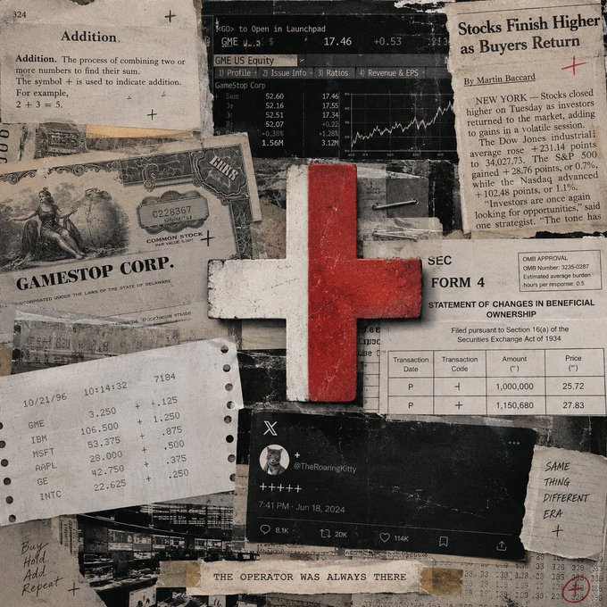 A collage of financial memorabilia including GameStop (GME) stock documents, an SEC Form 4, newspaper clippings ("Stocks Finish Higher as Buyers Return"), an addition definition, and a tweet from @TheRoaringKitty about GME, dated Jun 18, 2024, with the phrase "THE OPERATOR WAS ALWAYS THERE" at the bottom.