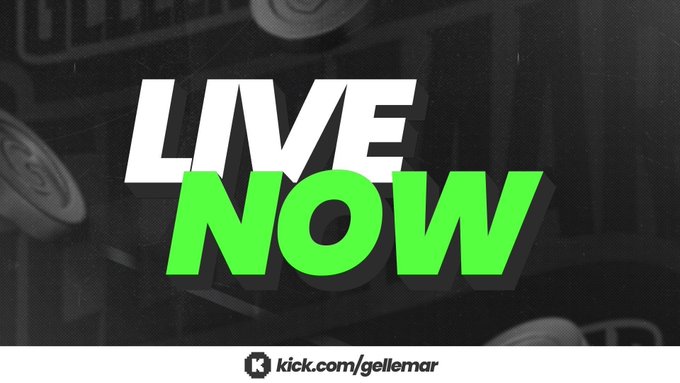 A graphic overlay displays the text "LIVE NOW" in bold white and green lettering against a darkened background, with "kick.com/gellemar" shown at the bottom. The image promotes a live stream on the Kick platform featuring a $67,000 start on Rainbet, with giveaways planned if big wins occur.