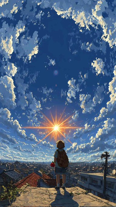 The image features an illustration of a person standing at the top of a cliff with a city skyline in the background. The sun is shining brightly, creating a beautiful scene that captures the viewer's attention. The person appears to be holding a backpack while looking out over the cityscape.