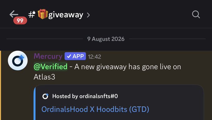 A Telegram screenshot from the "giveaway" channel (dated 9 August 2026) shows a 12:42 message from verified bot "Mercury" announcing a new Atlas3 giveaway hosted by ordinalsnfts#0, called "OrdinalsHood X Hoodbits (GTD)."