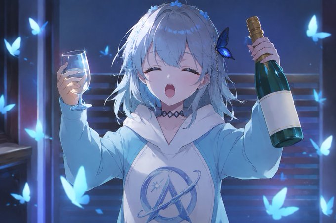 An anime-style illustration of a cheerful blue-haired girl in a hoodie holding a glass of wine and a champagne bottle, surrounded by glowing blue butterflies.