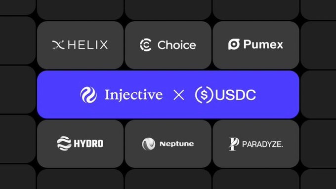 A digital display showing the 'Injective x USDC' logo highlighted in a blue button, surrounded by other crypto project logos including Helix, Choice, Pumex, Hydro, Neptune, and Paradyze.