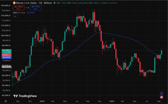 A weekly Bitcoin/USD candlestick chart on Bitfinex shows BTC trading at $85,168 (+4.91%), having just closed above its 50-week simple moving average of $78,255 for the first time in roughly 45 weeks, with price near $86,000 but the moving average still sloping downward.