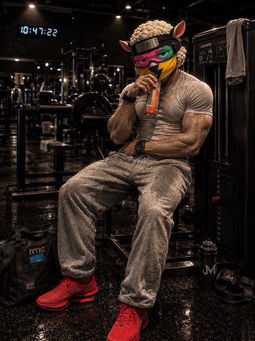 A muscular person wearing a sheep head mask sits in a gym holding a drink, dressed in gray workout clothes and red sneakers, with a digital clock reading '10:47:22' in the background.
