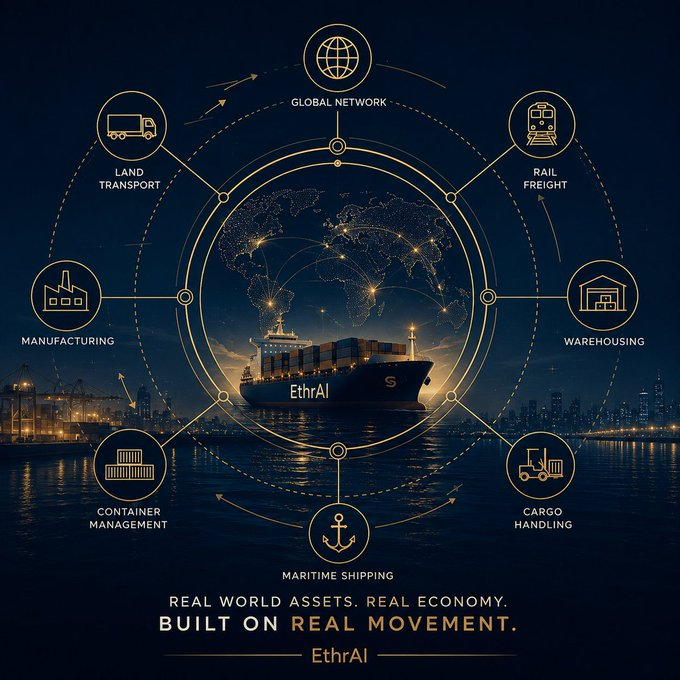 Promotional graphic for EthrAI showing a container ship at center surrounded by icons representing a global logistics network including manufacturing, warehousing, and shipping, with the tagline 'REAL WORLD ASSETS. REAL ECONOMY. BUILT ON REAL MOVEMENT. EthrAI'.