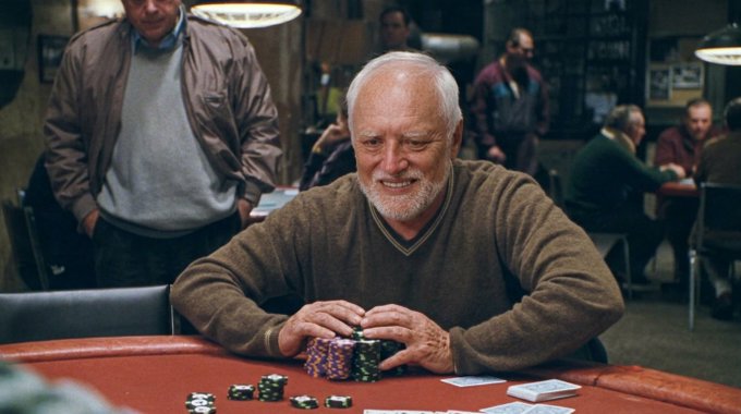 An elderly man with a white beard sits at a poker table gripping stacks of chips, his anxious smile suggesting he's betting everything he has. The image humorously captures the reckless "all-in" feeling of buying at a market top based on an influencer's hype, with the onlookers behind him echoing the nervous energy of fellow bagholders watching the inevitable loss unfold.