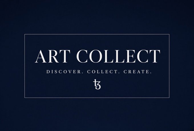 A dark navy blue screen displays the text 'ART COLLECT' in large serif font, with 'DISCOVER. COLLECT. CREATE.' below it and a 't3' logo at the bottom.